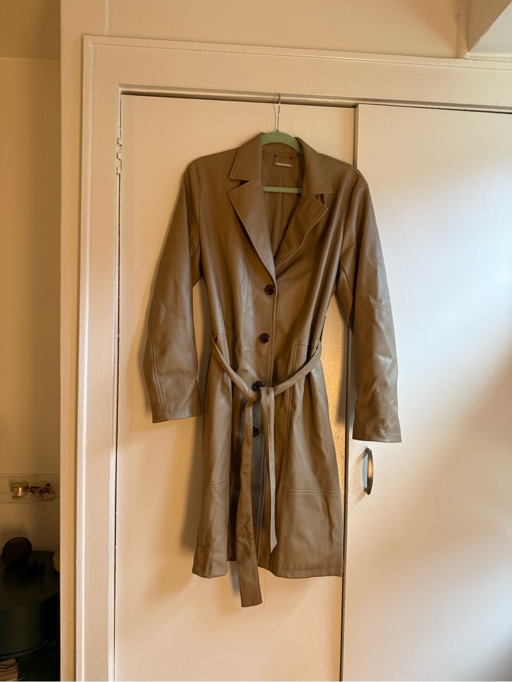 Elie tahari Taupe Faux Leather Trench Coat with Belt